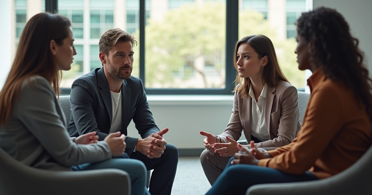 Grupo de profissionais conversando em círculo, atmosfera reflexiva. 