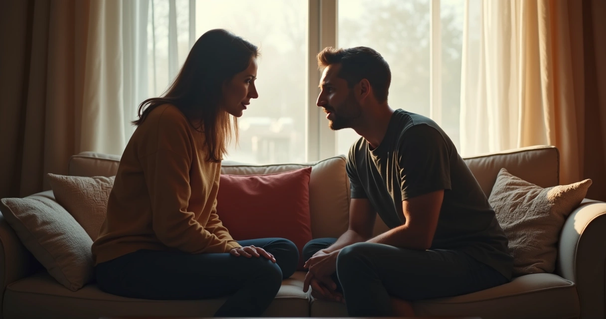 Duas pessoas sentadas em sofá, conversando e se escutando 