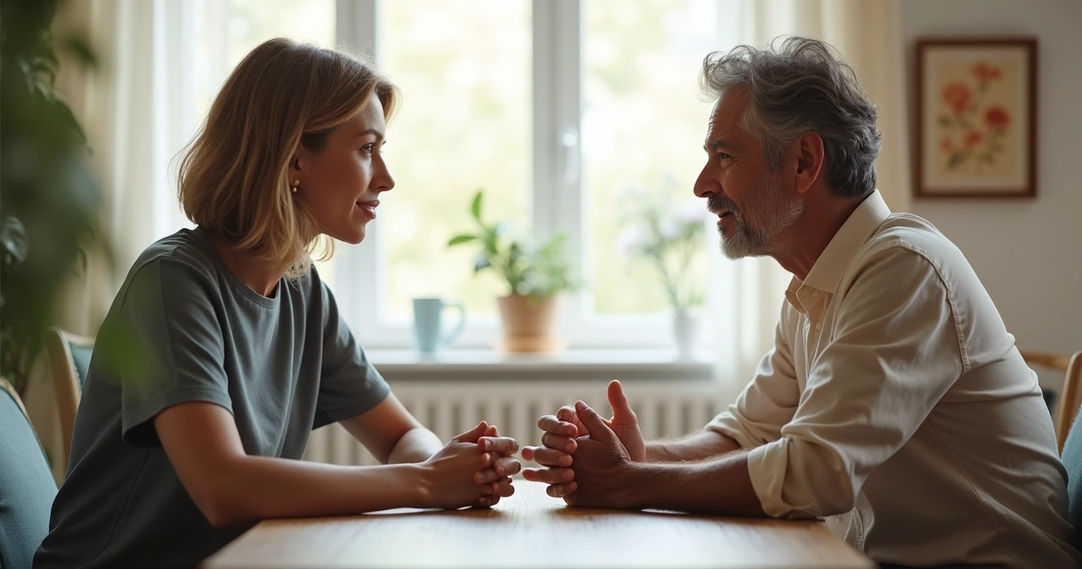 Duas pessoas conversando sentadas em uma sala iluminada, com expressões de atenção e empatia, discutindo um assunto importante