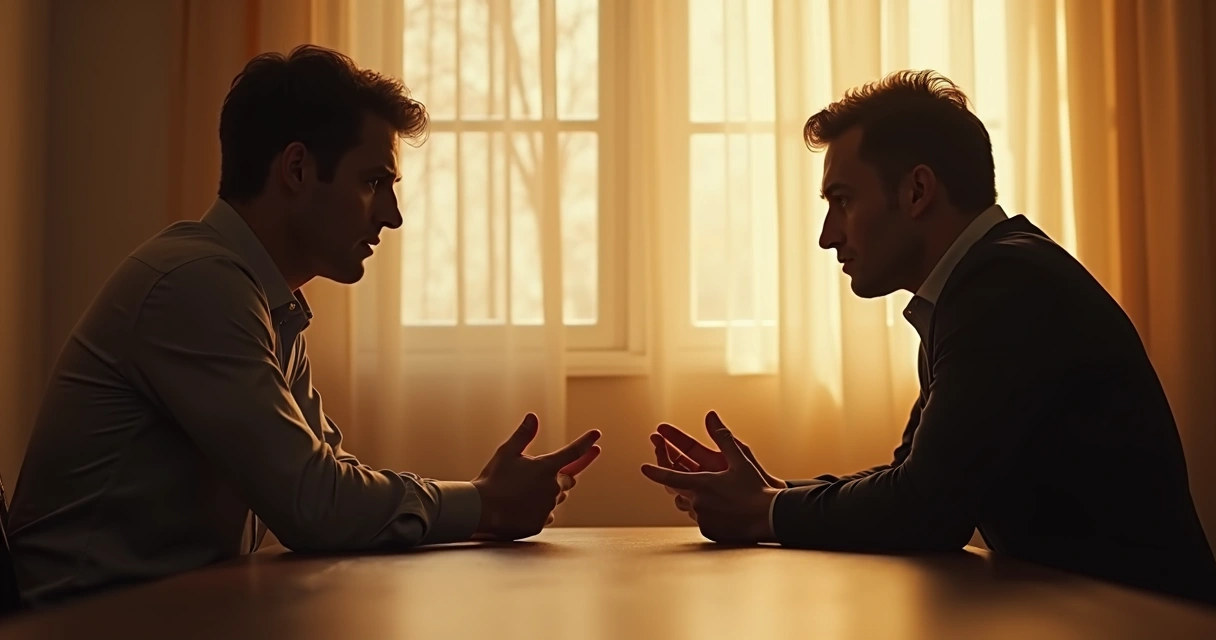 Duas pessoas sentadas à mesa conversando, uma parece fechada e a outra aberta