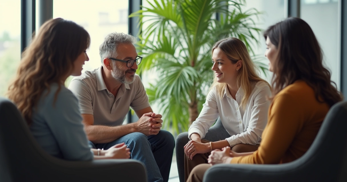 Equipe em roda conversando, com expressões atentas, representando empatia 