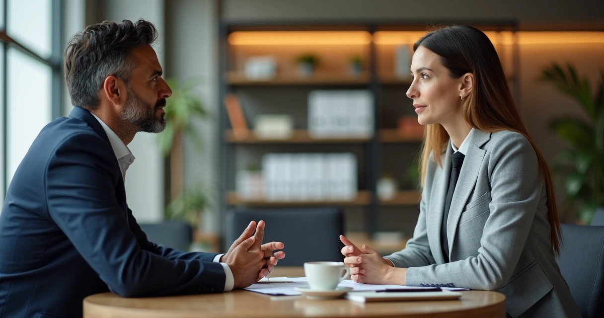 Duas pessoas conversando com atenção em ambiente de escritório 
