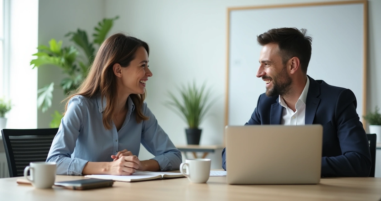 Duas pessoas sorrindo e conversando em uma reunião na empresa 