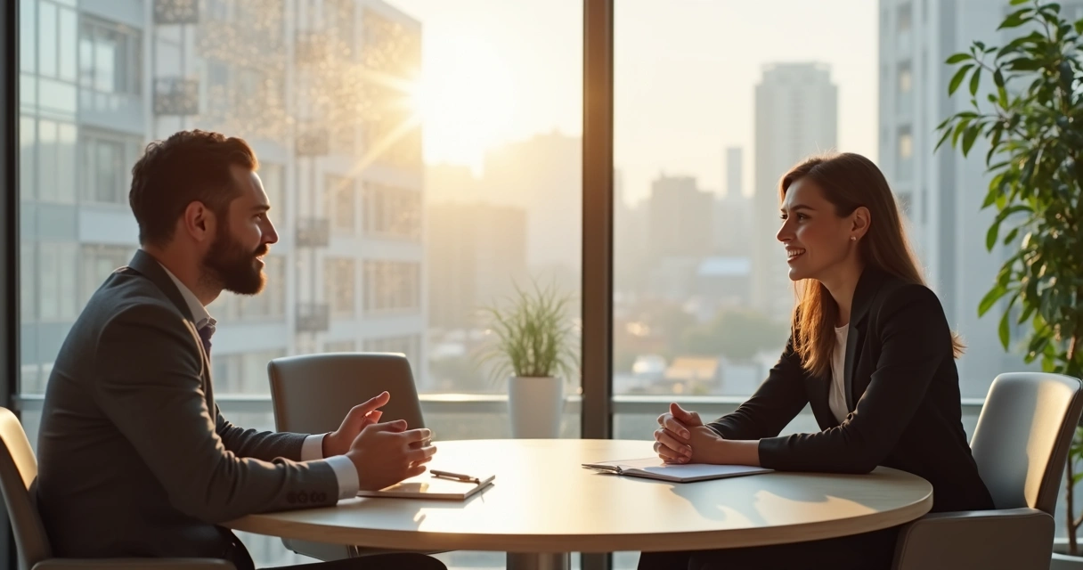 Colegas de trabalho conversando em uma sala de reunião, mostrando empatia e respeito mútuo. 