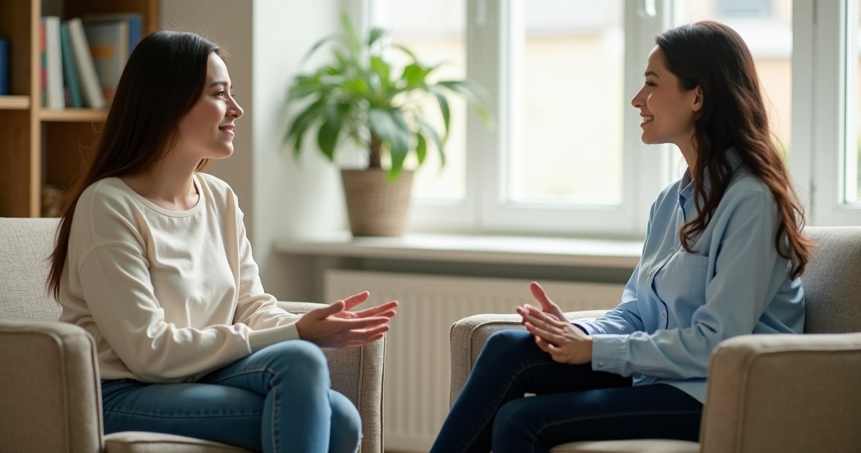 Duas pessoas sentadas frente a frente em conversa atenta 