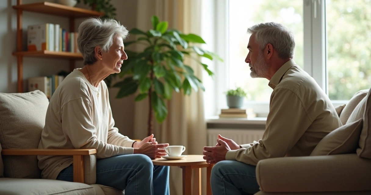 Duas pessoas conversando com atenção em ambiente acolhedor