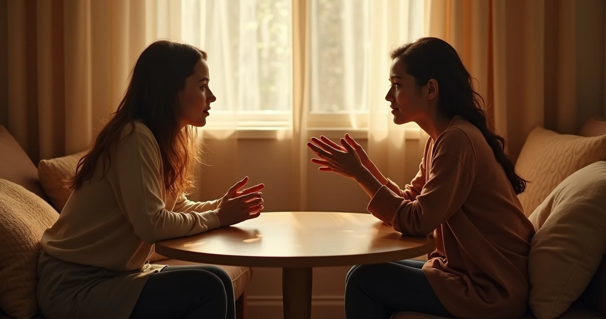 Duas pessoas conversando sentadas, uma ouvindo com atenção a outra