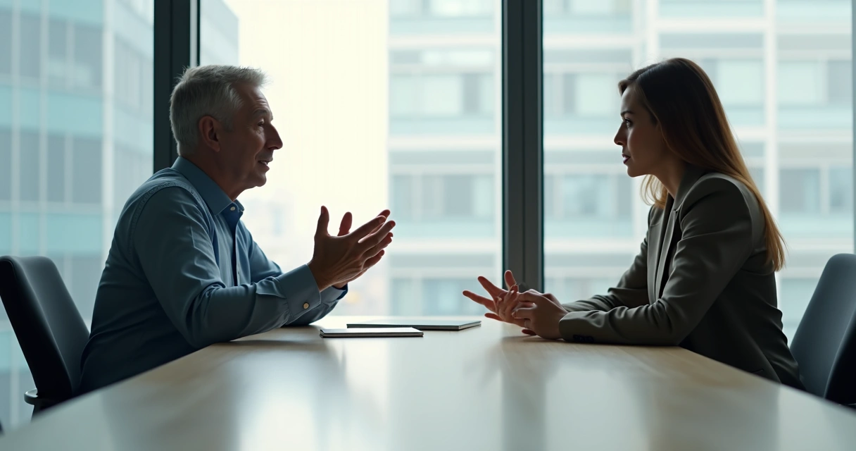Duas pessoas conversando com calma em ambiente de trabalho