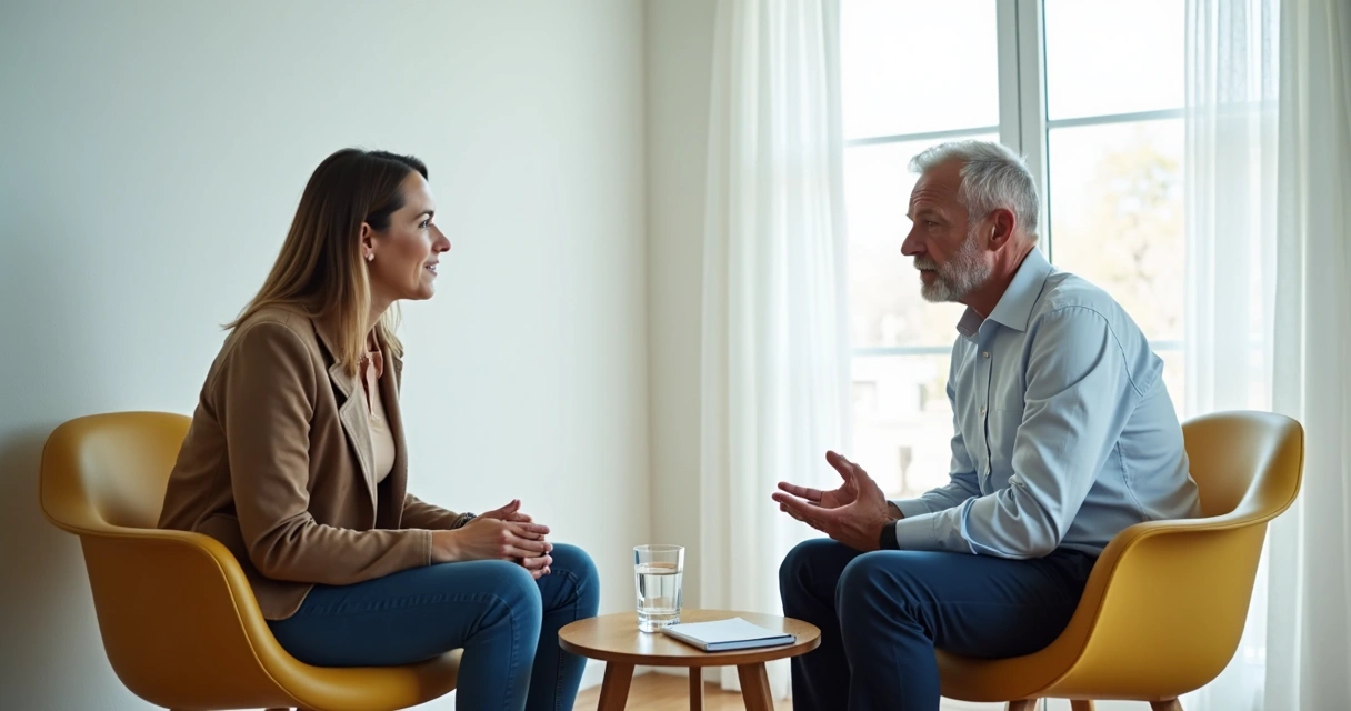 Duas pessoas conversando com atenção em ambiente claro e acolhedor