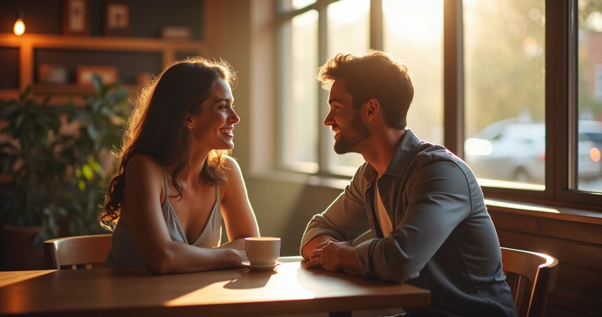 Dois amigos conversando em uma cafeteria, olhando nos olhos e sorrindo 