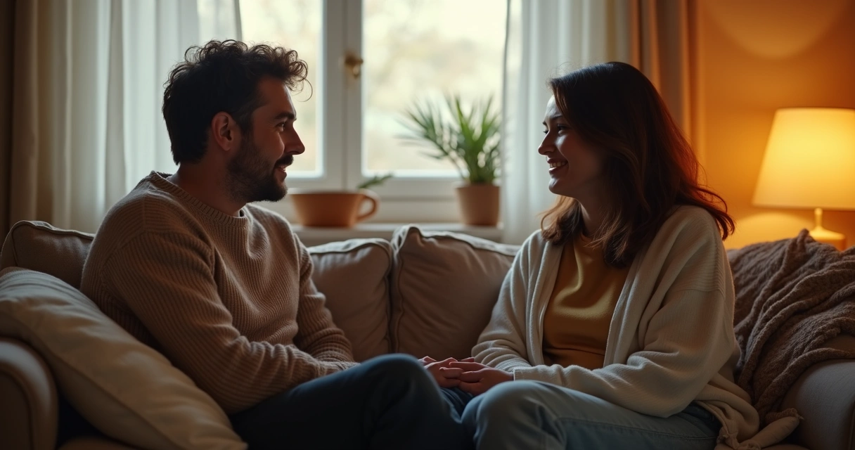 Duas pessoas conversando com empatia sentadas em sofá, clima acolhedor 