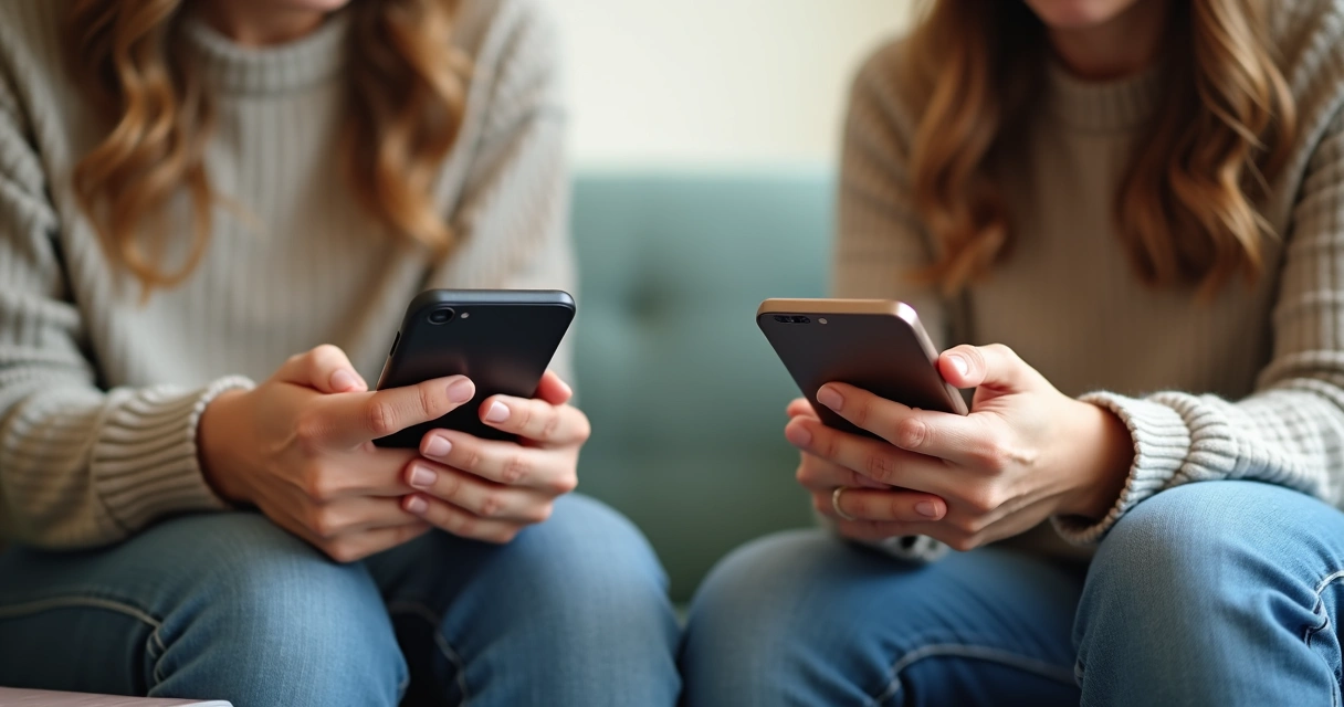 Duas pessoas trocando mensagens com atenção em celulares