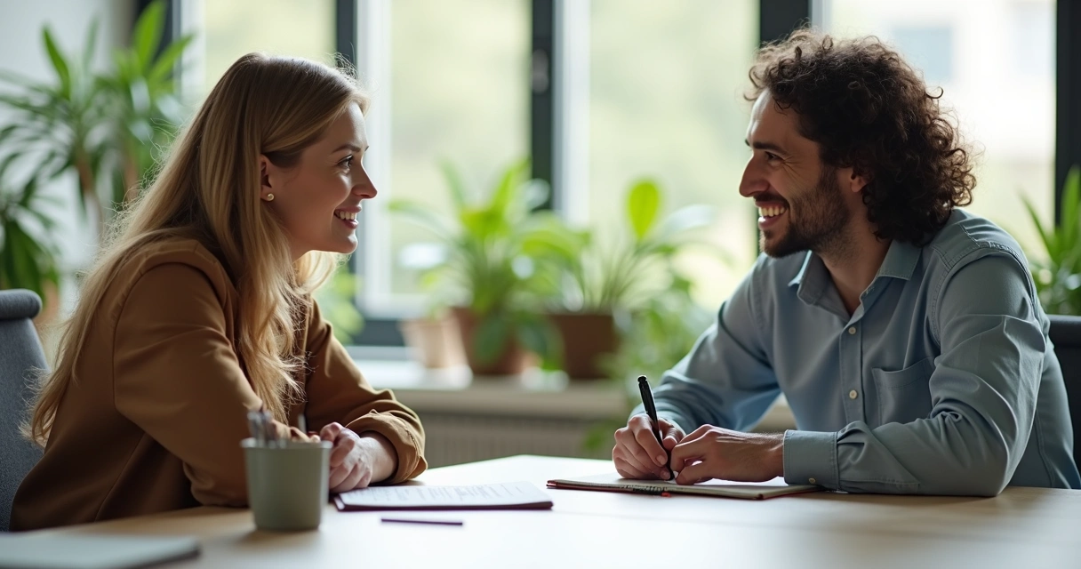 Dois colegas de trabalho conversando e sorrindo em uma mesa de escritório 