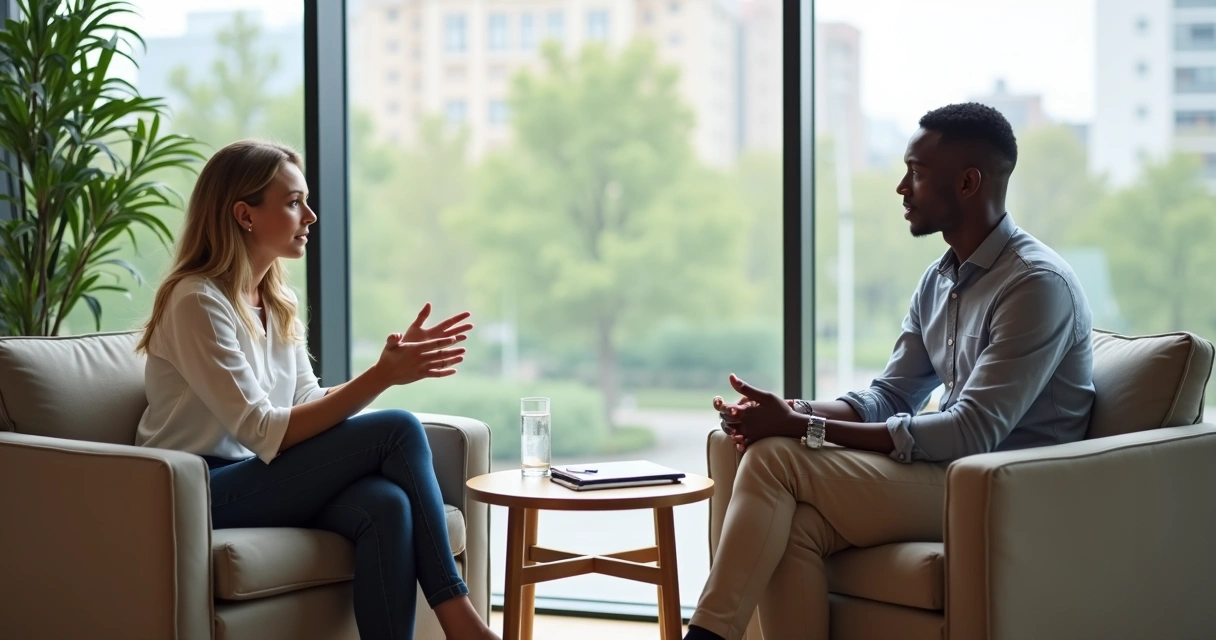 Duas pessoas conversando com empatia em ambiente calmo e profissional 