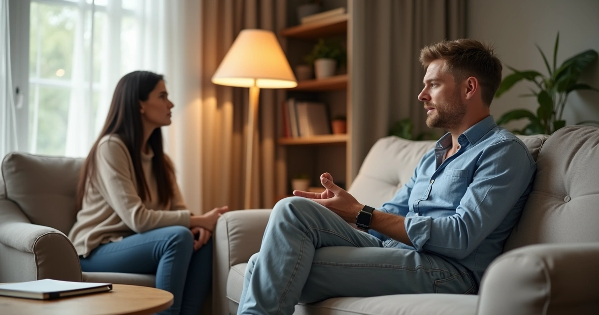 Duas pessoas conversando com calma em ambiente aconchegante 