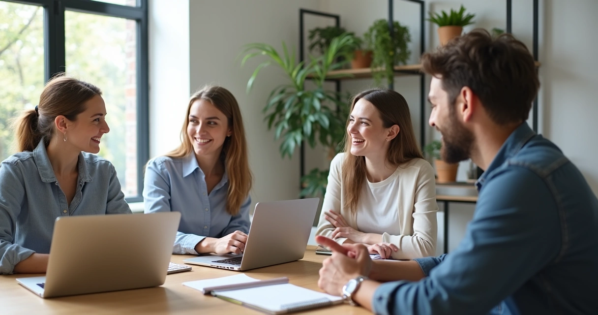 Pessoas em volta de uma mesa de reunião, conversando e rindo de forma amigável