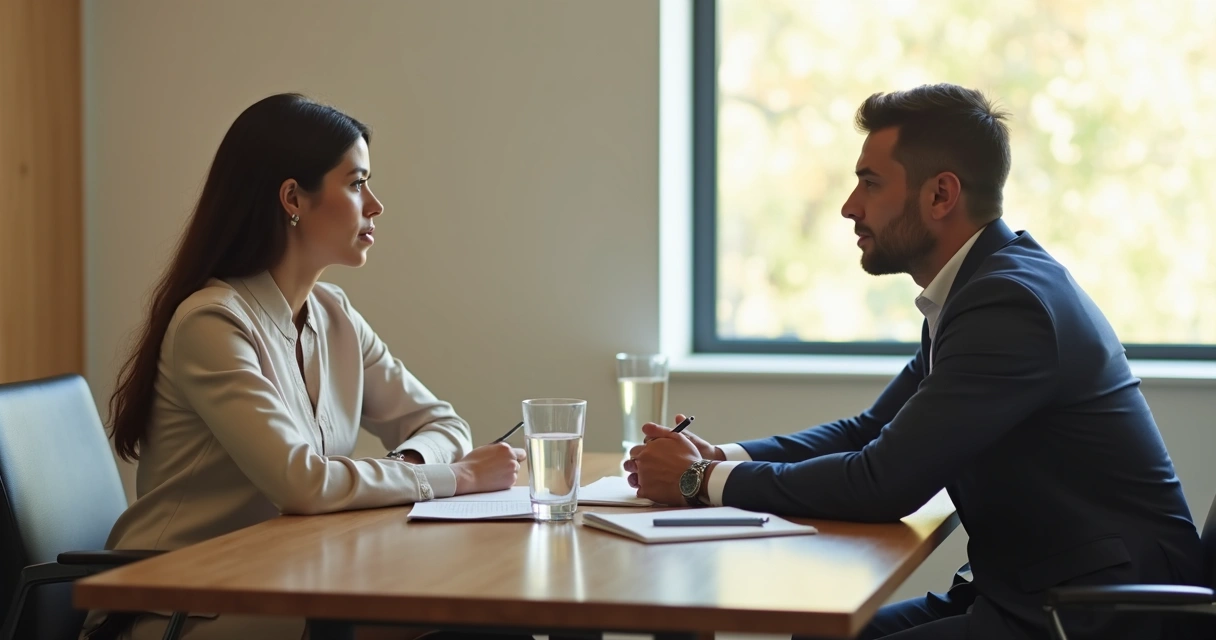 Duas pessoas em conversa respeitosa em sala de reunião 