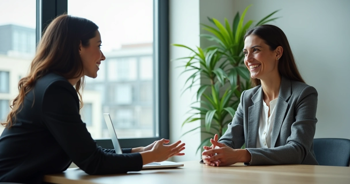 Duas pessoas em escritório trocando ideias em tom cordial, sentadas frente a frente em uma mesa moderna