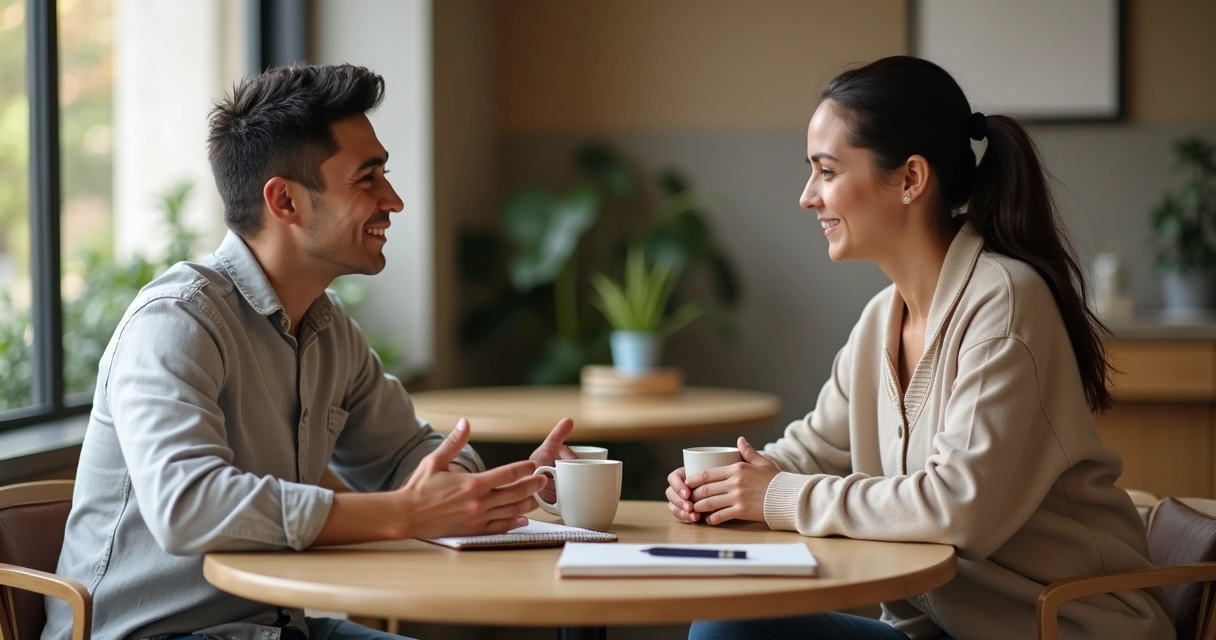 Duas pessoas conversando com empatia em uma mesa de café 