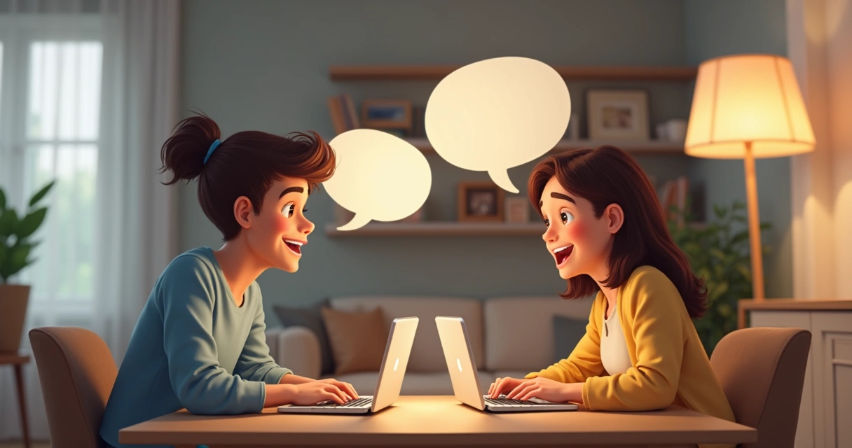 Dois amigos conversando online de maneira empática em notebooks 