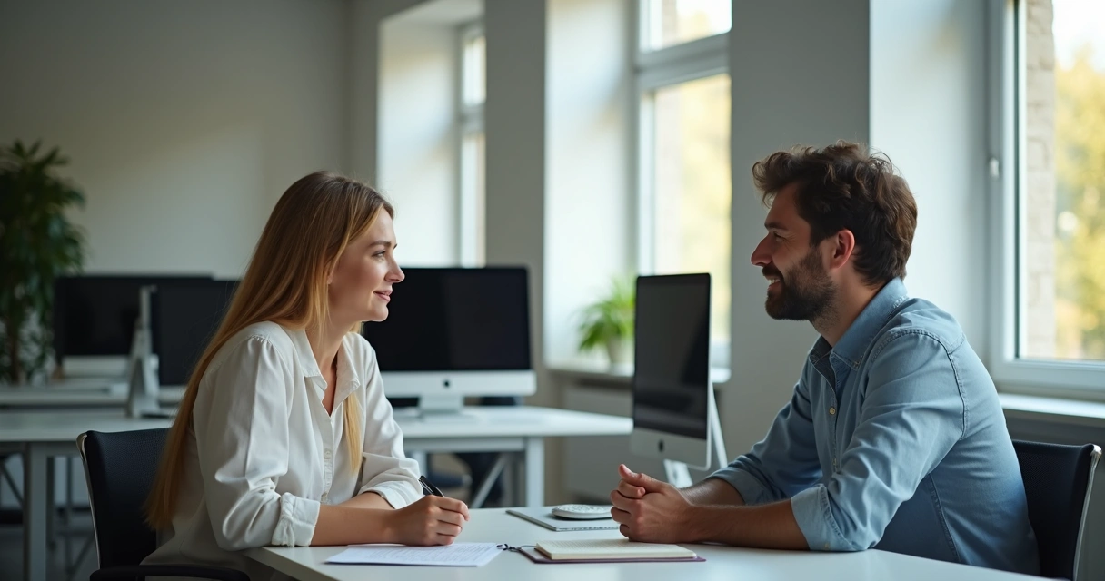 Colegas de trabalho conversando em ambiente de escritório com expressão empática 
