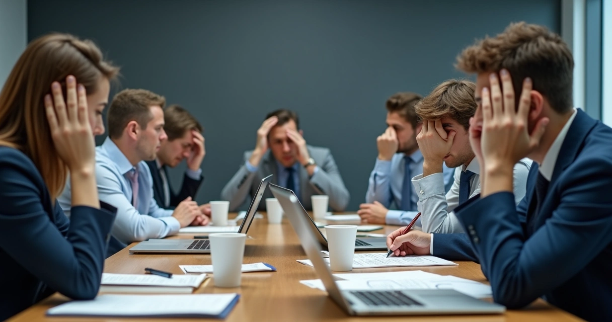 Equipe de trabalho em reunião, expressão séria, ambiente de escritório, tensão visível