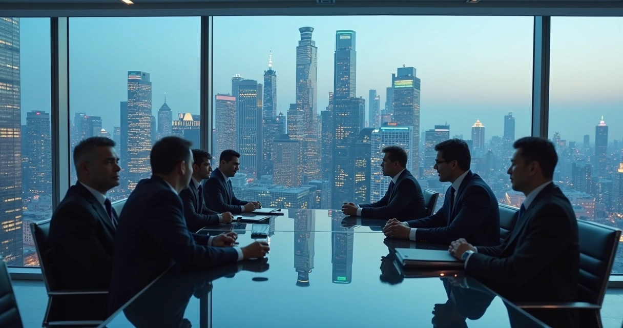 Executivos conversando em ambiente corporativo moderno