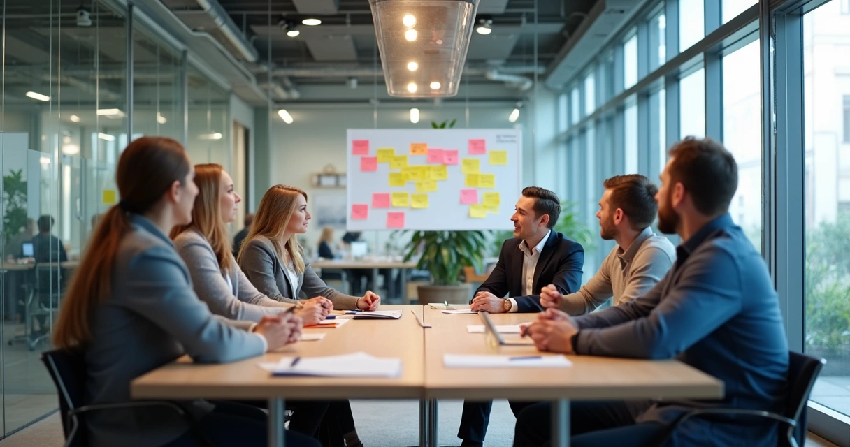 Pessoas em uma mesa de escritório trocando feedback de forma construtiva