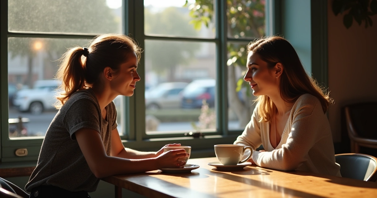Duas pessoas sentadas, uma visivelmente abatida e outra animada 