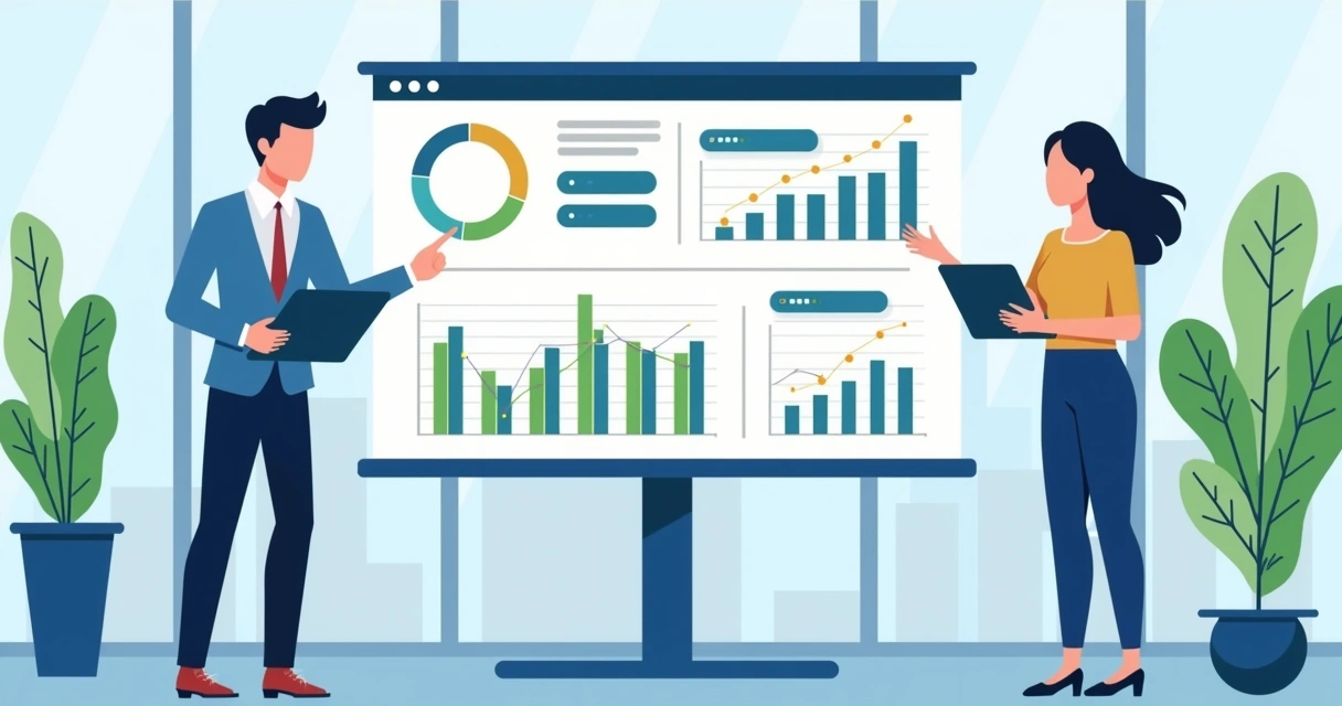 Interface que mostra métricas de engajamento de conversas automatizadas, como gráficos de tempo de resposta e taxa de cliques, em um escritório contemporâneo. 
