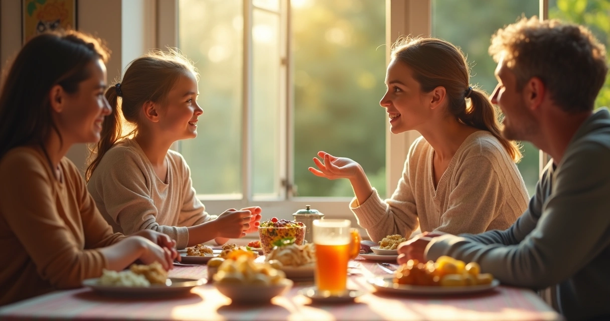 Mãe incentivando filha tímida a falar à mesa durante refeição familiar 
