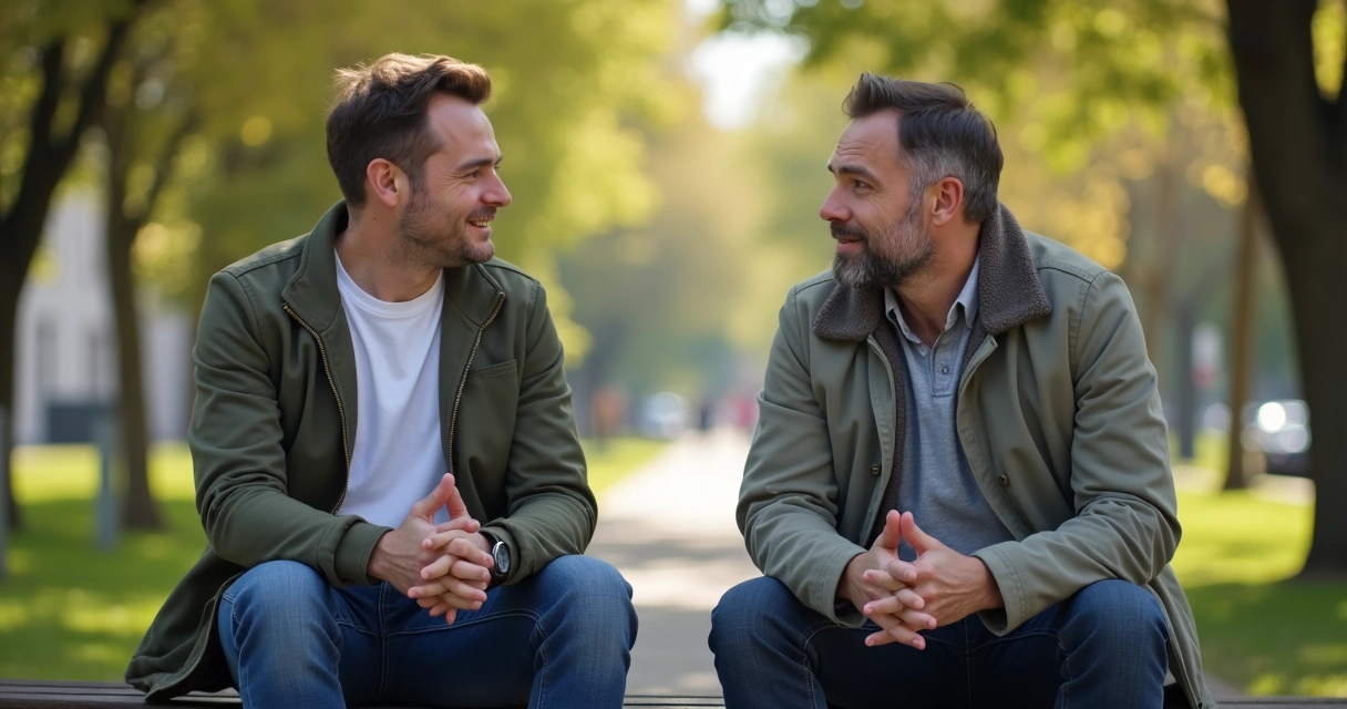 Dois homens conversando sentados em banco ao ar livre 