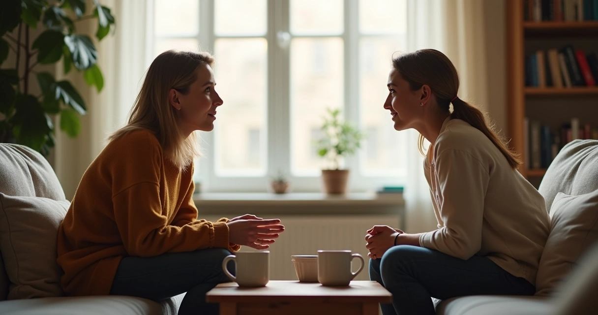 Dois amigos conversando com atenção em um ambiente calmo