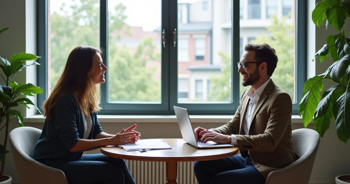 Duas pessoas conversando em um escritório moderno, trocando experiências de sucesso 
