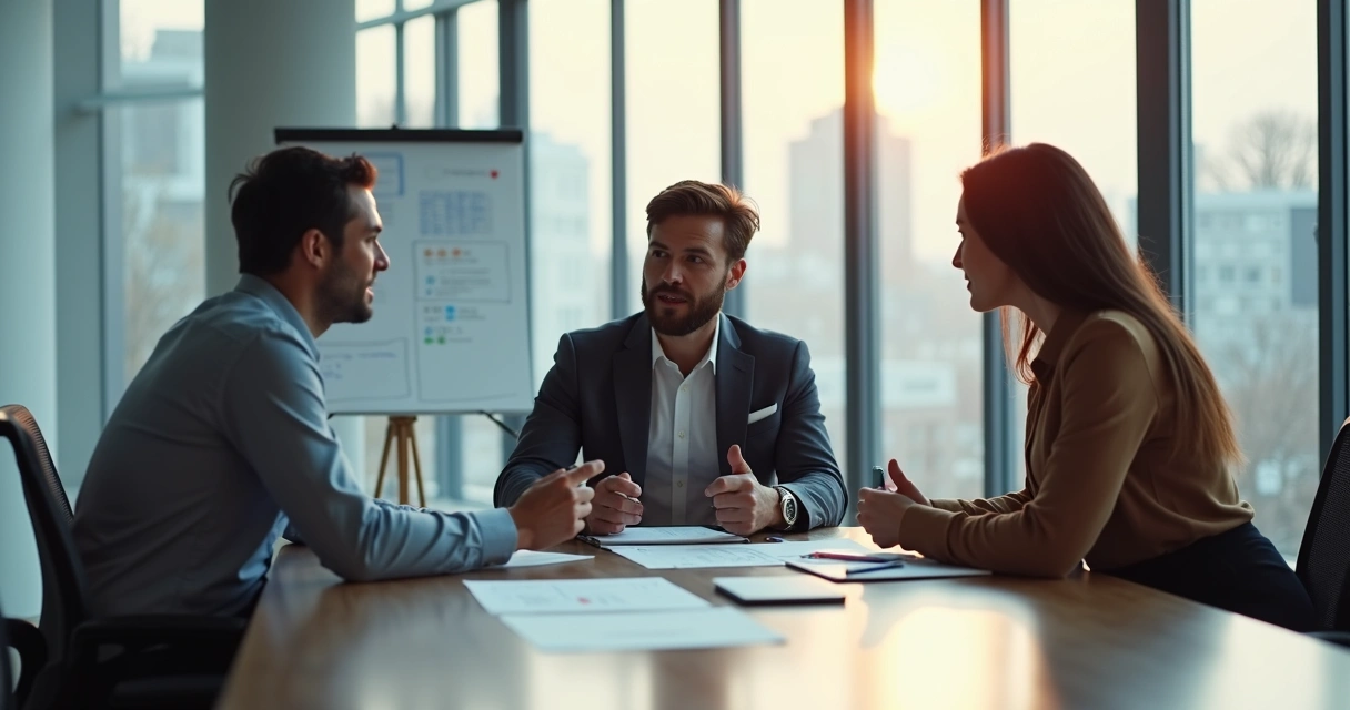 Três colegas conversando em uma sala de escritório moderna 