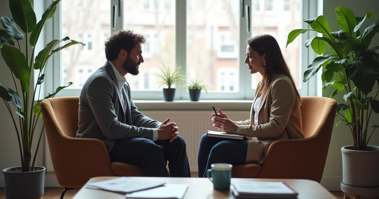 Dois colegas em conversa de mentoria no escritório