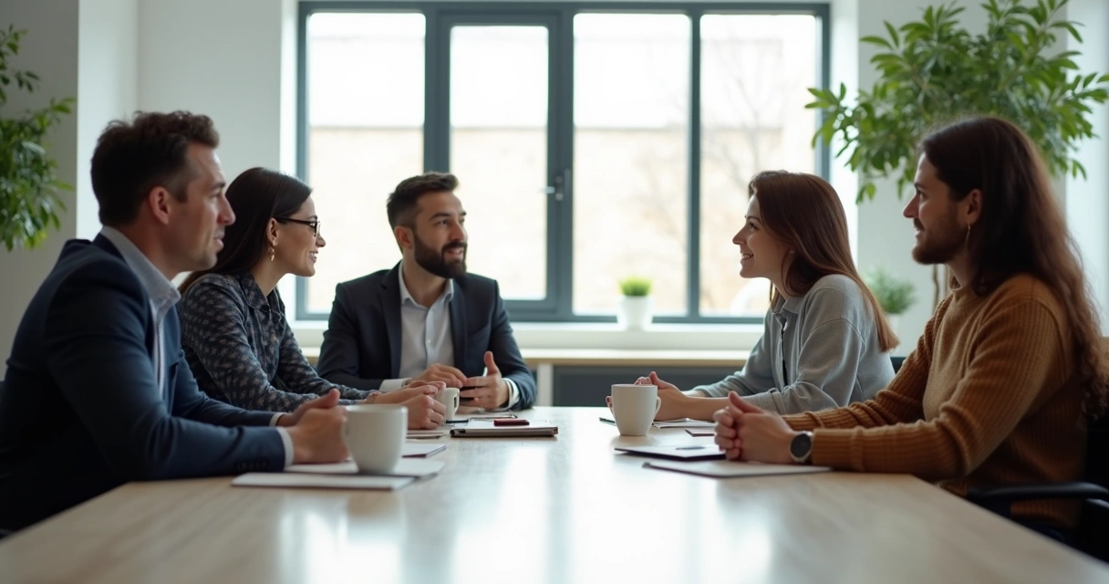 Colaboradores conversando em uma sala de reunião, gesticulando e ouvindo com atenção