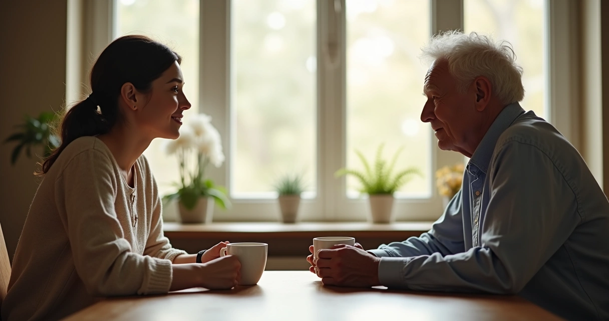 Duas pessoas sentadas conversando calmamente 