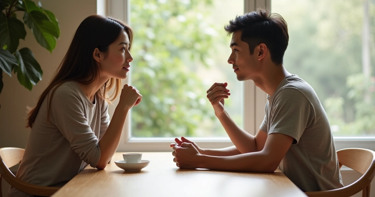 Duas pessoas sentadas, conversando de frente uma para a outra