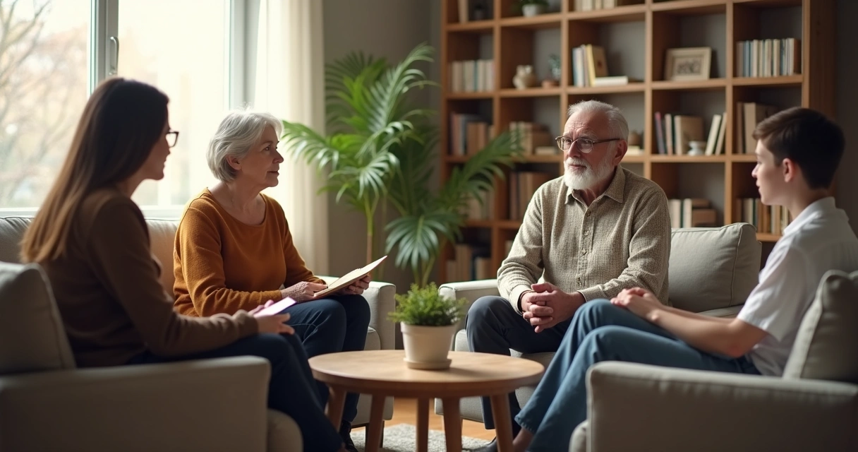 Grupo de diferentes idades conversando em círculo