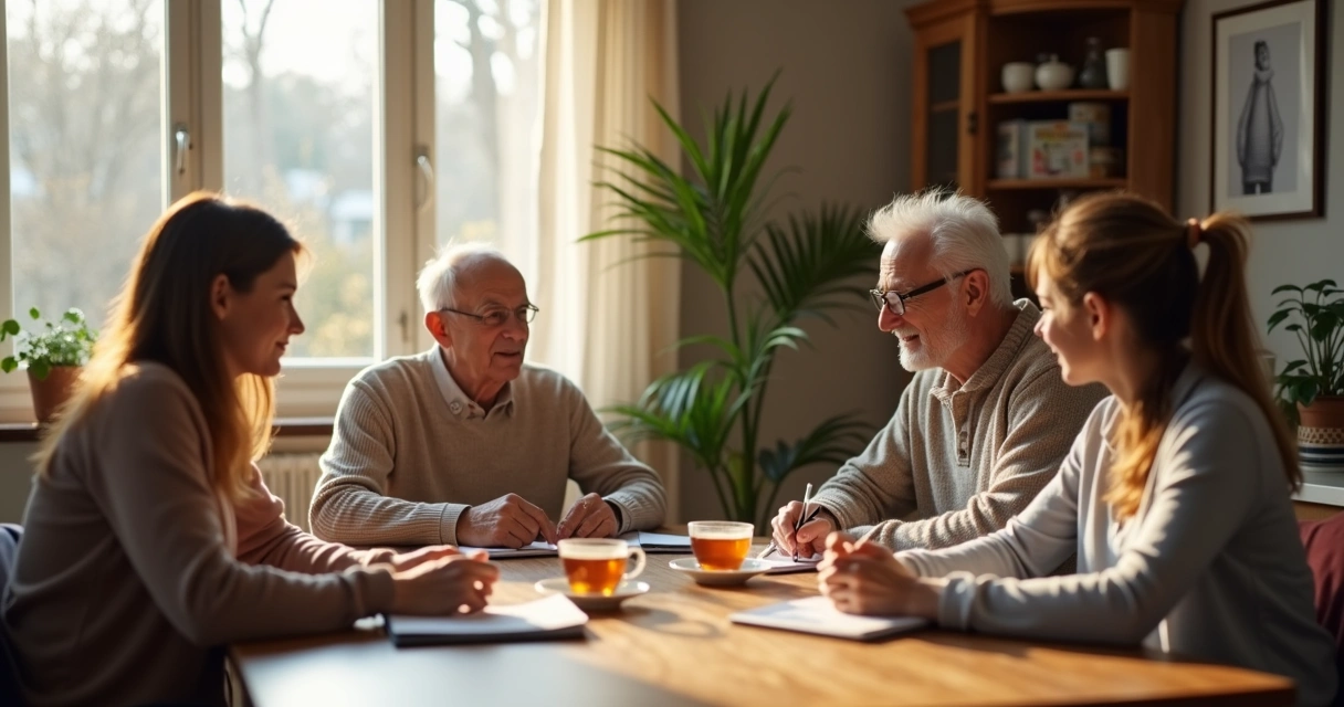 Família de diferentes idades conversando à mesa