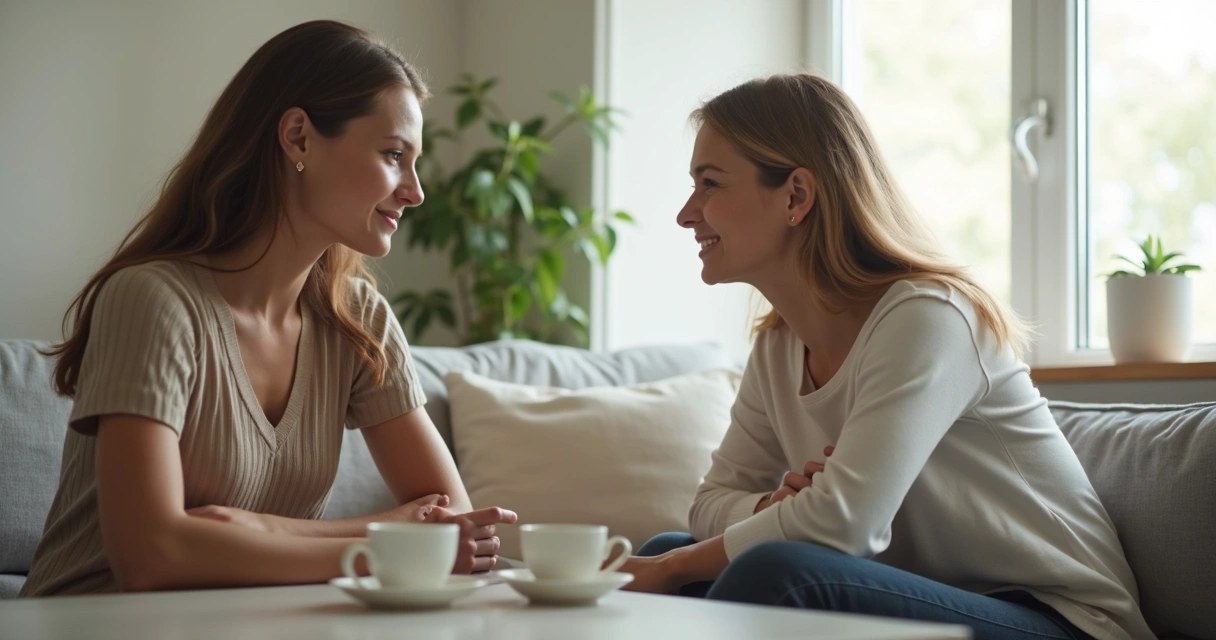 Irmãos adultos conversando com calma em sala clara 