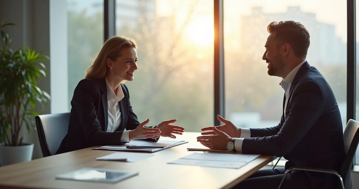 Vendedor conversando com cliente em reunião B2B 