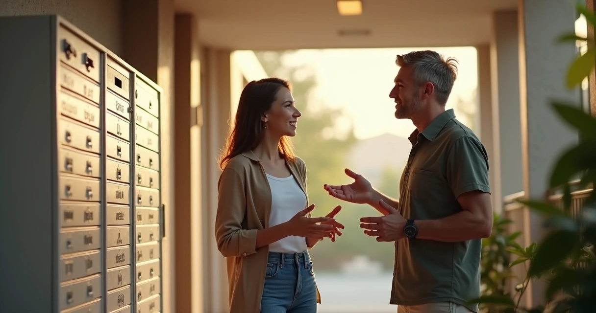 Dois vizinhos conversando amigavelmente no corredor de um prédio 