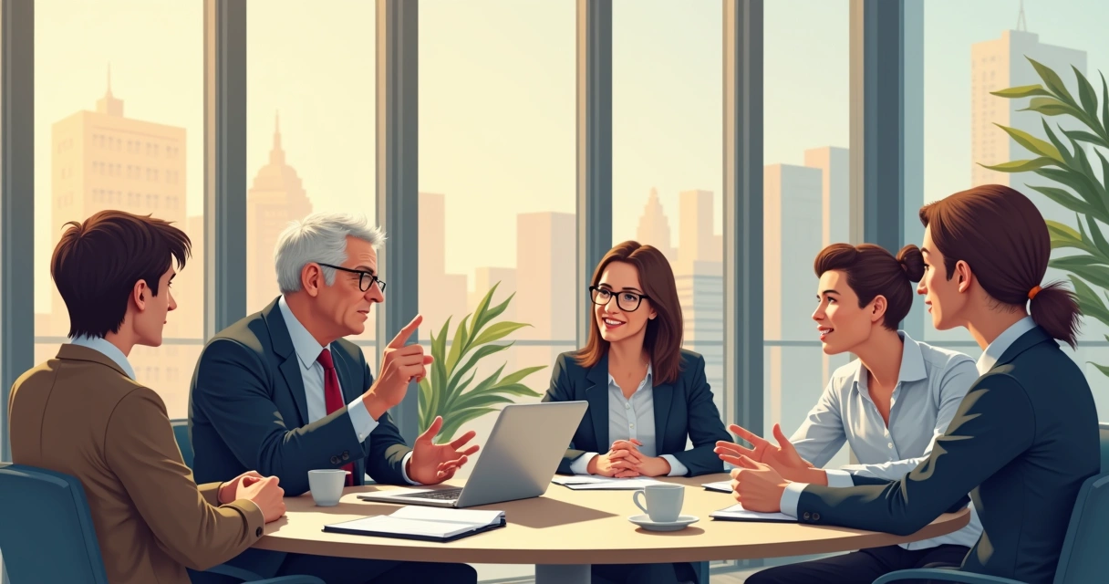 Líder orientando equipe pequena em reunião 