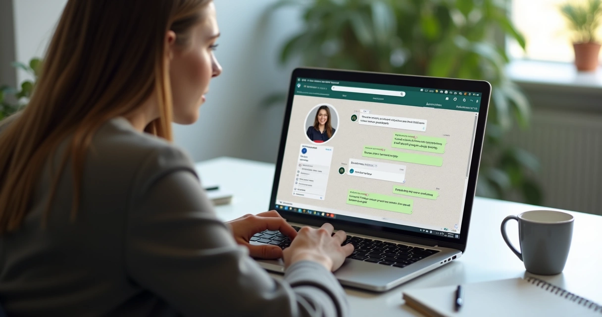 Recrutador em computador trocando mensagens de entrevista no WhatsApp 
