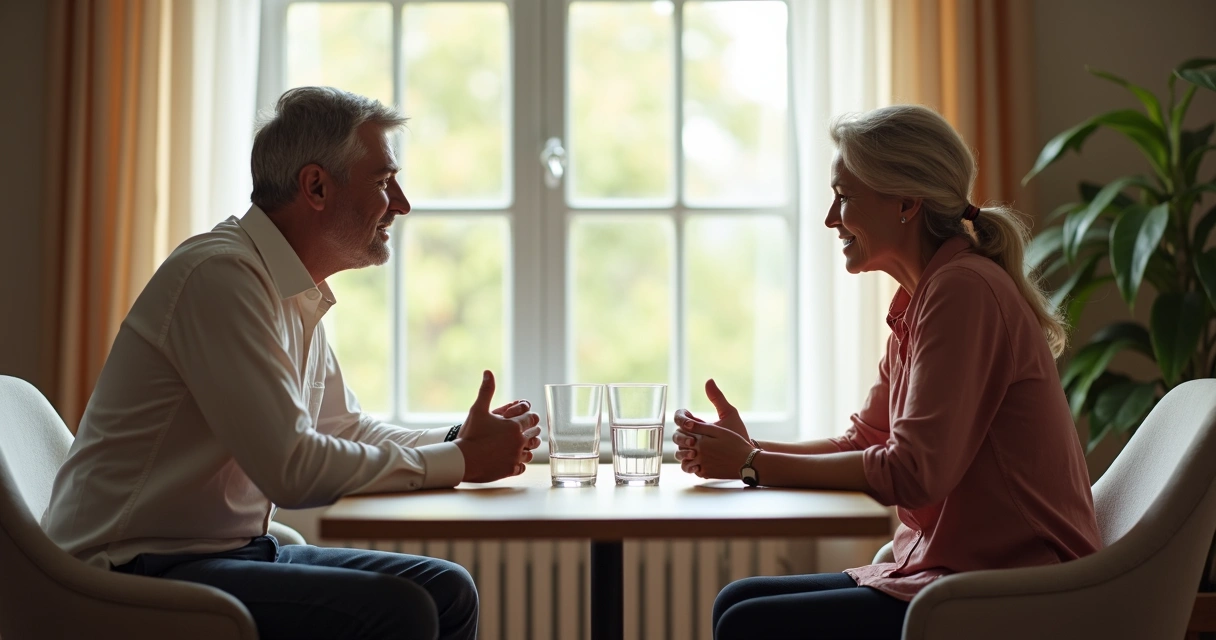 Duas pessoas conversando de forma calma em ambiente tranquilo 