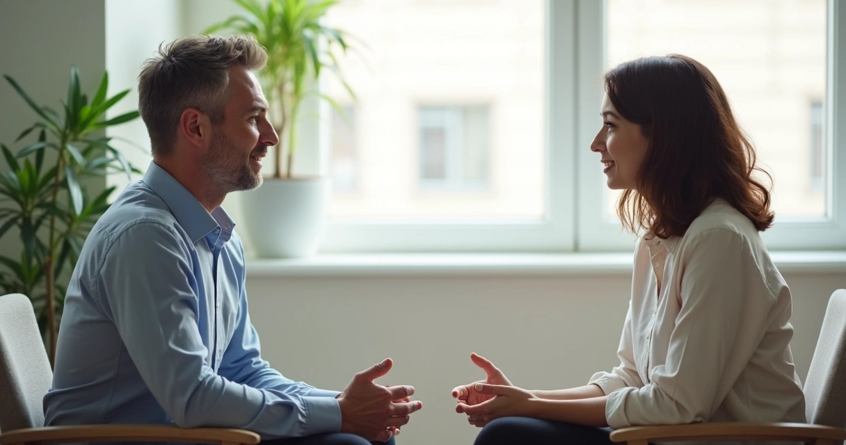 Duas pessoas adultas em uma sala iluminada, conversando de maneira respeitosa, uma ouvindo atentamente enquanto a outra fala, com expressões calmas e móveis claros ao fundo 