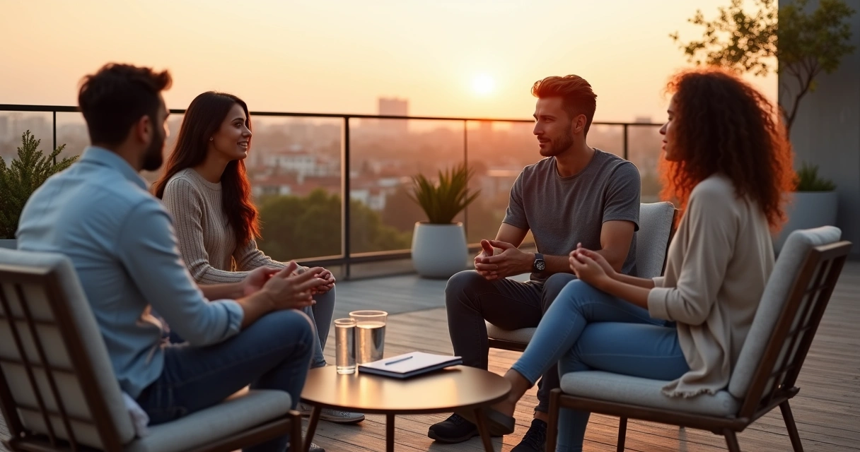 Amigos em círculo em terraço urbano conversando de forma tranquila ao pôr do sol 