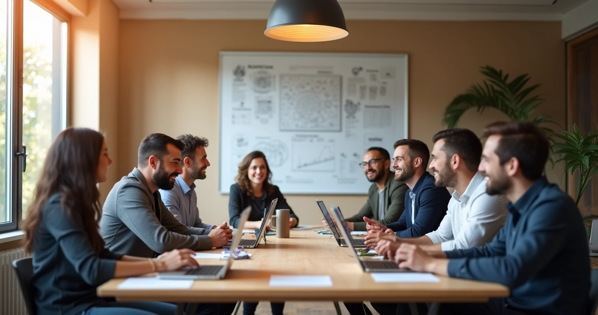 Equipe reunida conversando em sala de reunião moderna 